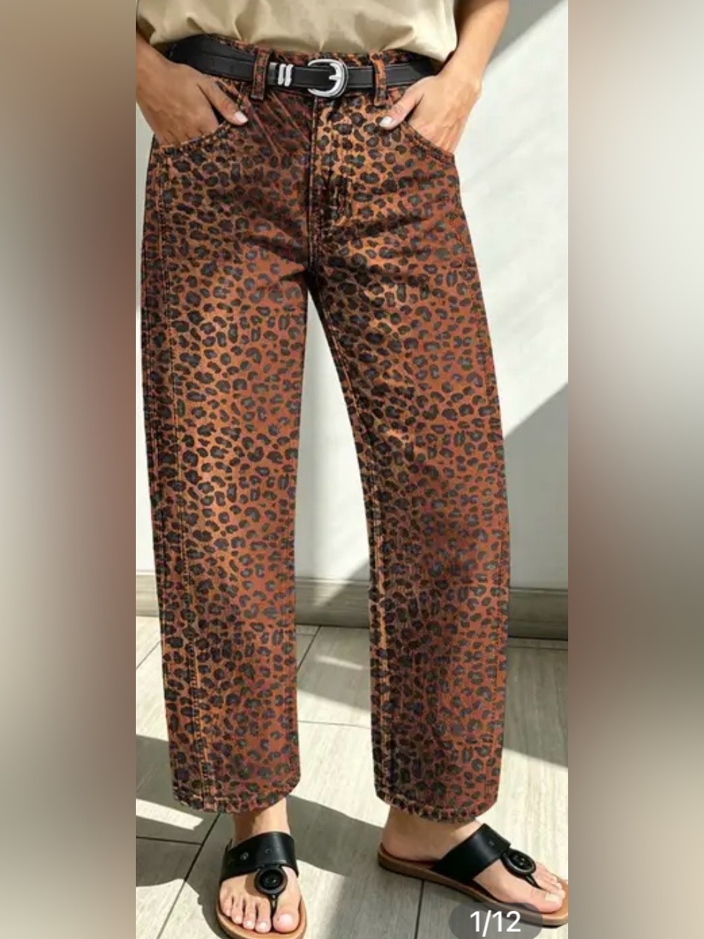 Flamingals Leopard Print Seam Detail Mid Rise Straight Leg Crop Jeans